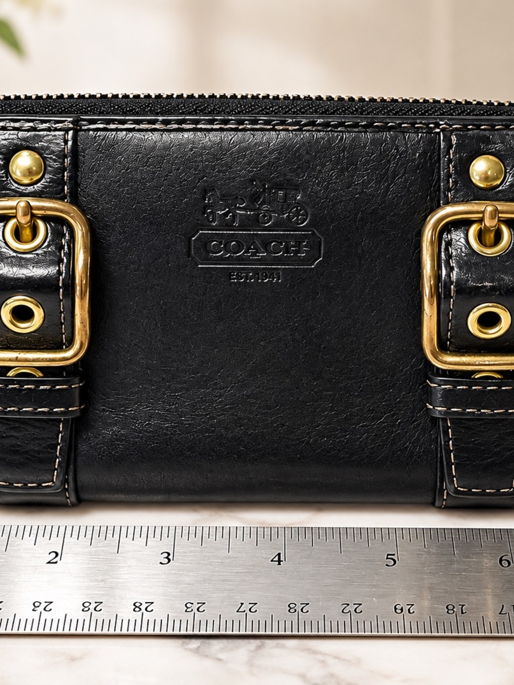 Coach Black Leather Soho Zoe Double Buckle Zip Around Long Wallet blue